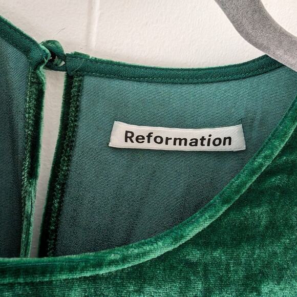 NWOT Reformation Mountain Emerald Green Velvet Mini Ruffle Holiday Dress, - Picture 6 of 14